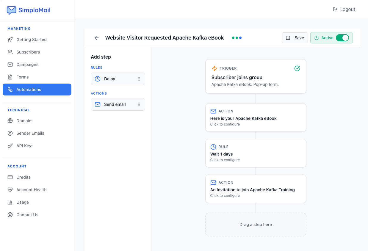 SimploMail automation builder showing an email sequence with trigger, action, and delay steps